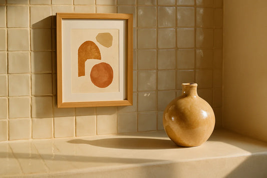 Minimalist beige tiled ledge with abstract art print and ceramic vase in warm sunlight against a textured wall.