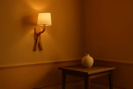 Cozy terracotta room corner with ribbon-shaped wooden wall sconce, warm light, and a small vase on a wooden table.