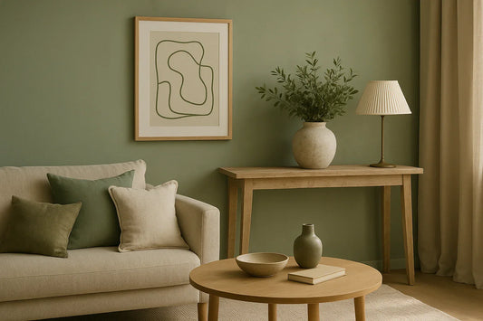 Modern living room with sage green walls, beige sofa, wooden furniture, and ceramic accents in natural light.