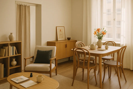 Warm, minimalist living and dining room with wooden furniture, linen curtains, and soft natural light through tall windows.
