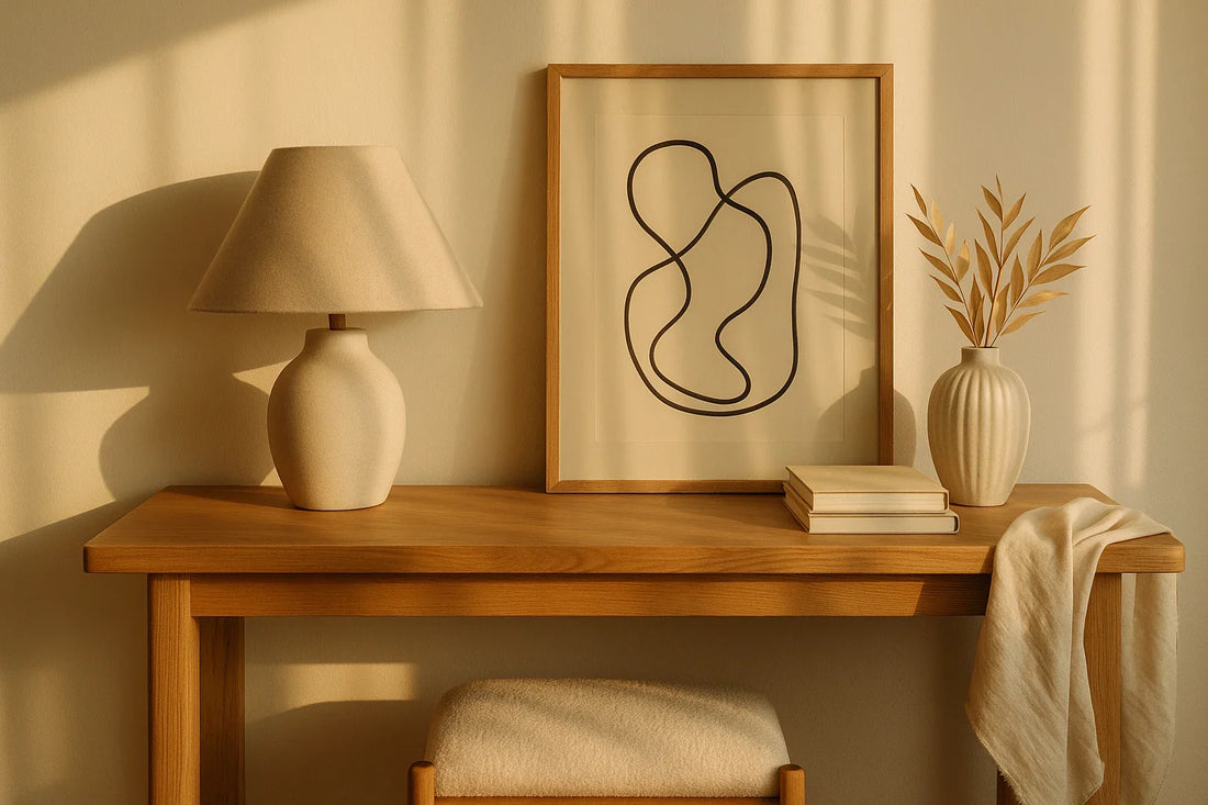 Warm oak console table with lamp, abstract framed art, books, and vase in soft afternoon light, evoking a calm indie design mood.