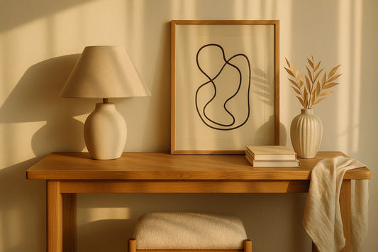 Warm oak console table with lamp, abstract framed art, books, and vase in soft afternoon light, evoking a calm indie design mood.