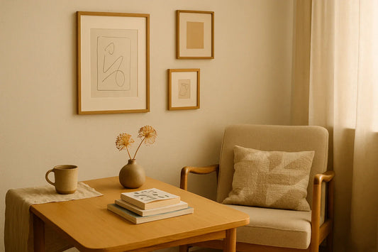 Sunlit living room corner with beige armchair, wooden table, ceramic vase, books, mug, and framed minimalist art on wall.