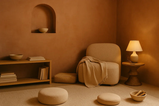 Minimalist wellness room with terracotta walls, soft chair, linen throw, low lamp, cushions, and wooden shelf with books and bowls.