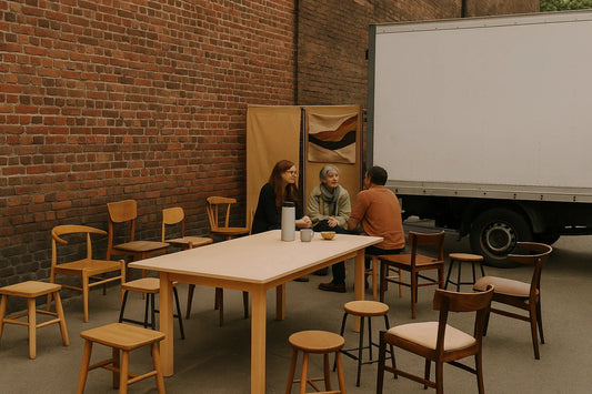 Outdoor community gathering with wooden chairs and a table beside a white van, evoking nomadic design and shared conversations.