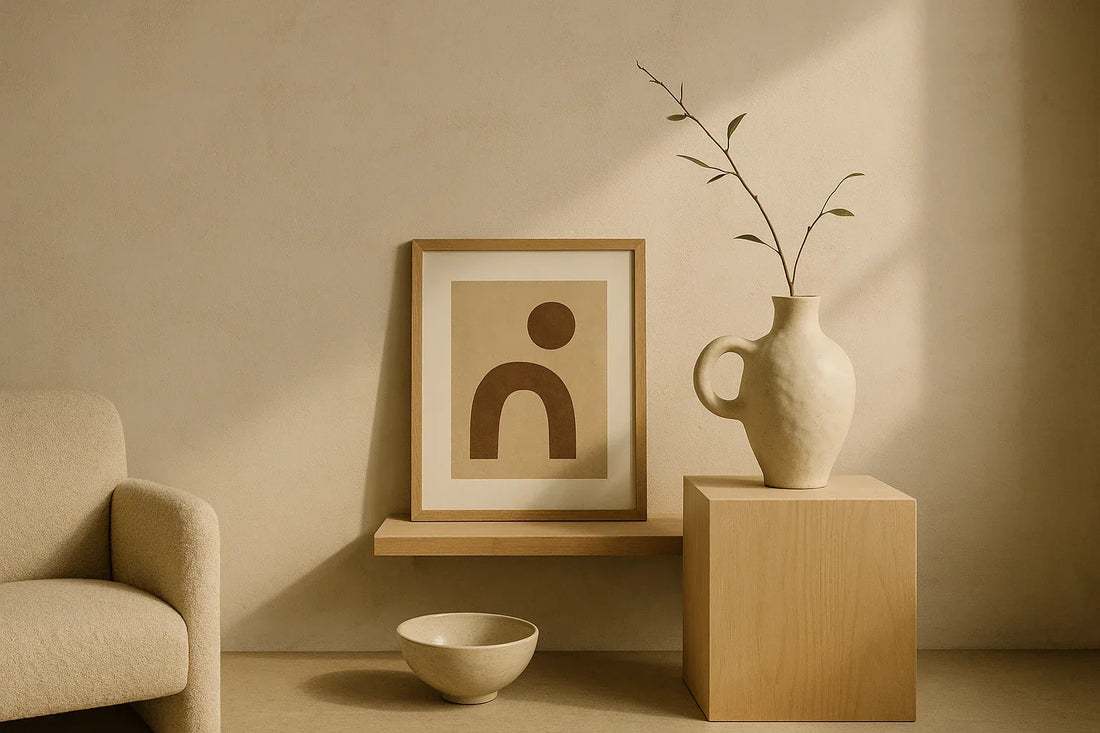 Minimalist living room with ceramic vase, abstract framed art, and soft neutral tones illuminated by natural light.