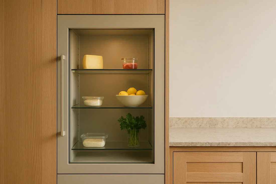Minimalist kitchen with an integrated glass-front fridge displaying lemons, cheese, herbs, and jars in soft natural light.