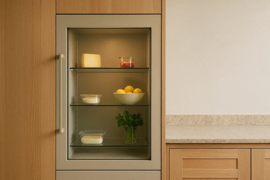 Minimalist kitchen with an integrated glass-front fridge displaying lemons, cheese, herbs, and jars in soft natural light.