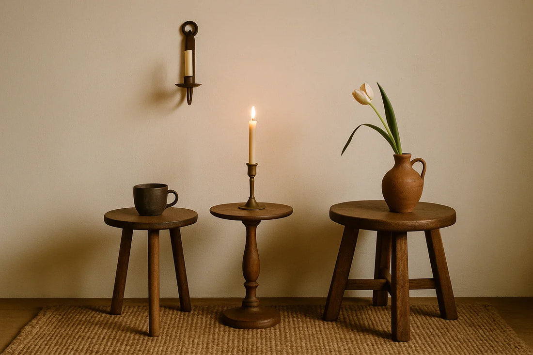 Three small wooden tables with a candle, ceramic cup, and tulip vase arranged against a beige wall in warm candlelight.