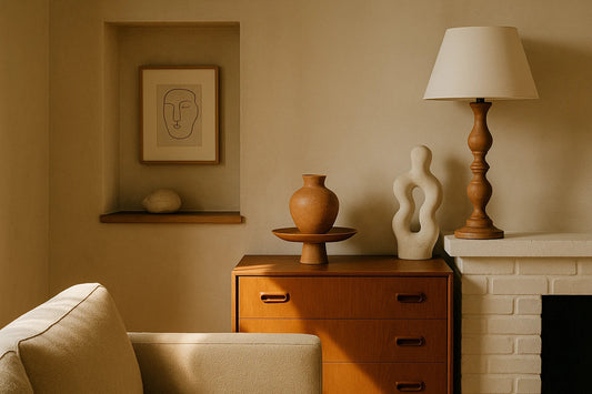 Minimalist living room corner with framed line art, ceramic vase, sculptural decor, and wooden lamp on a sideboard.