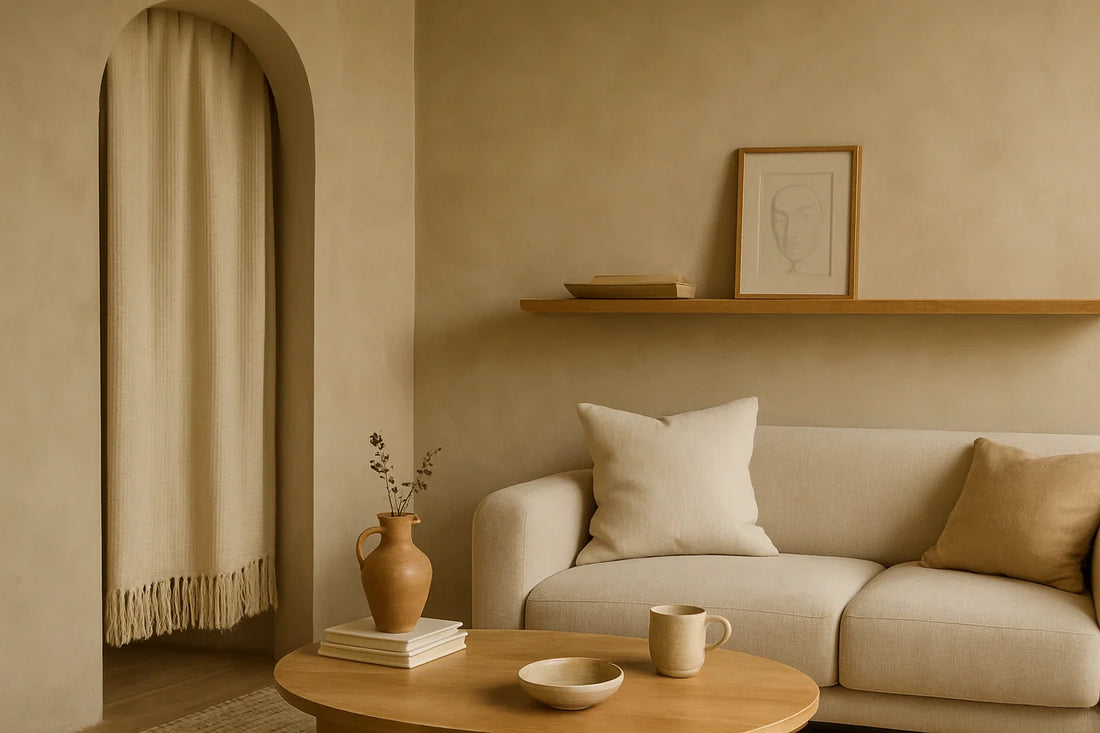 Neutral-toned living room with beige sofa, wooden table, ceramic vase, and soft daylight creating a calm, minimalist atmosphere.