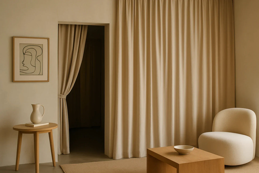 Minimalist living room with beige drapery, soft armchair, wooden table, and framed line art on the wall.