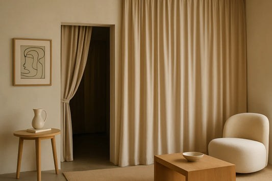 Minimalist living room with beige drapery, soft armchair, wooden table, and framed line art on the wall.