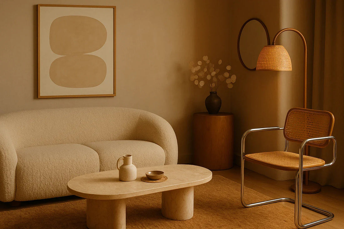 Neutral-toned living room with curved sofa, travertine coffee table, rattan chair, abstract art, and warm ambient lighting.