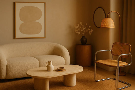 Neutral-toned living room with curved sofa, travertine coffee table, rattan chair, abstract art, and warm ambient lighting.