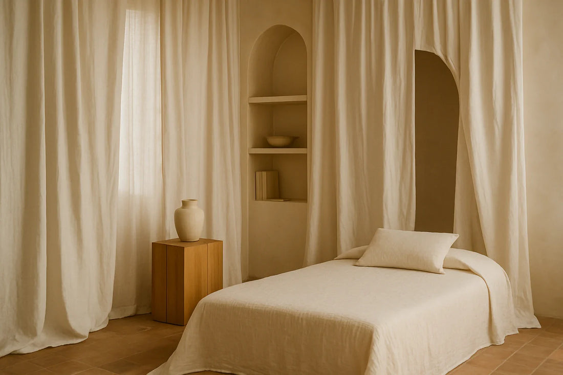 Minimalist bedroom with soft beige drapery, a low bed, wooden pedestal, ceramic vase, and warm plaster walls.