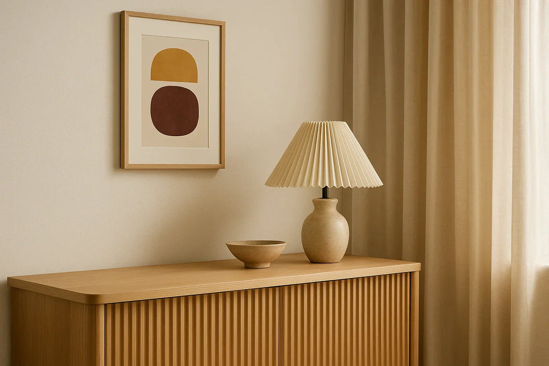 Minimalist interior with fluted wood sideboard, beige drapery, abstract wall art, and a pleated lamp in warm neutral tones.