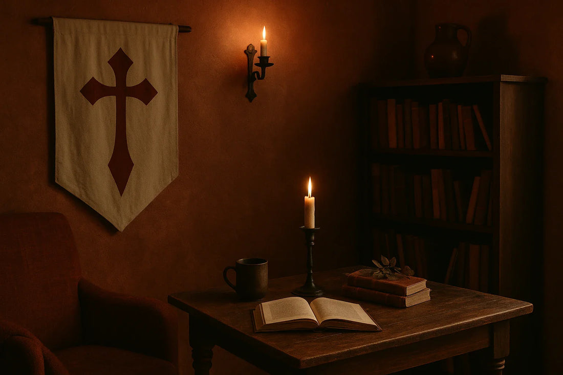 Medieval-inspired room with candlelit table, open book, banner, dark bookshelf, and warm terracotta walls.
