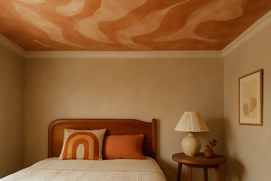 Minimalist bedroom with a terracotta painted ceiling, wooden bed, abstract pillows, and warm-toned décor.