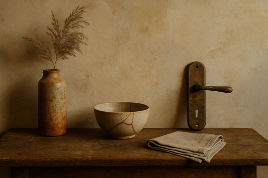 Still life with weathered vase, kintsugi bowl, folded linen, and aged brass handle against a textured limewashed wall.