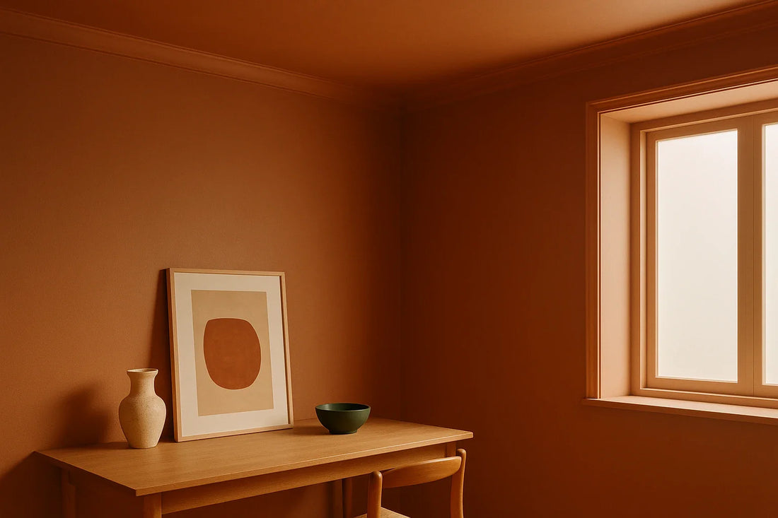 Warm terracotta-toned room with tonal painted walls, wooden desk, framed abstract art, and ceramic objects near a window.