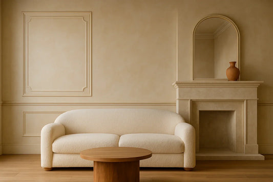 Elegant living room with faux architectural wall panels, curved cream sofa, plastered fireplace, and wooden table.