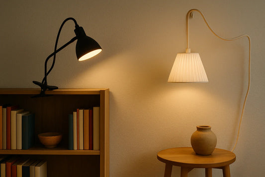 Cozy room corner with a clamp lamp on a bookshelf and a swag pendant lamp over a side table with a clay vase.