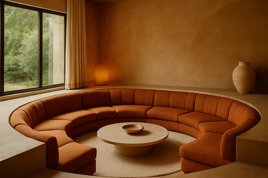 Mid-century modern living room with a sunken orange sectional sofa, round table, warm lighting, and earthy beige walls.