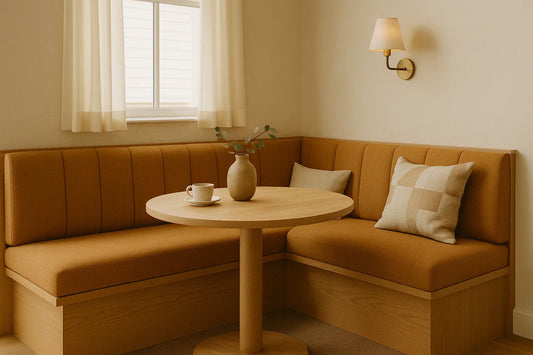 A cozy dining nook with a tan banquette, round wooden table, beige curtains, and soft natural light.