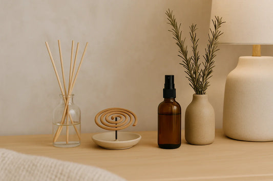 Minimalist interior scene with reed diffuser, incense coil, amber spray bottle, and small vase beside a ceramic lamp.