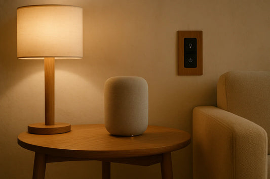 Warm minimalist living room with soft lighting, oak table, beige smart speaker, linen lampshade, and hidden wall control.