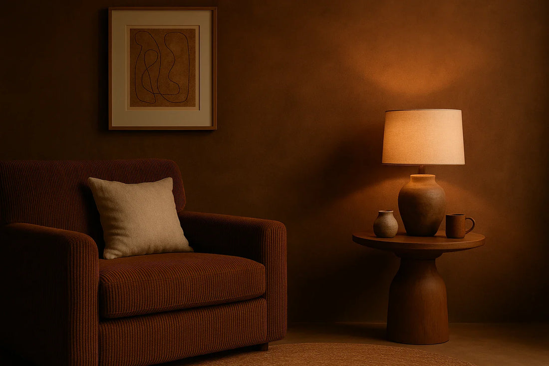 A cozy brown-toned living room with a corduroy armchair, warm table lamp, and clay ceramics creating a calm, soft-lit atmosphere.