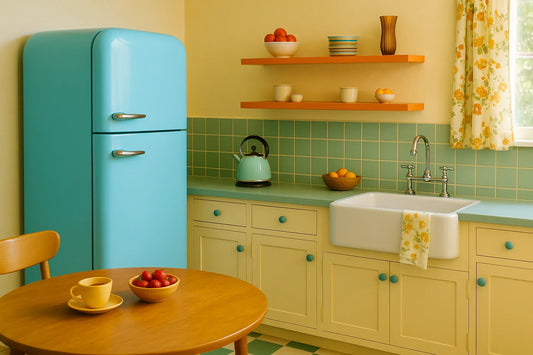 A sunlit retro kitchen with teal fridge, yellow tile backsplash, wooden cabinets, and tulip-pattern curtains.