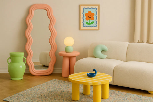 A playful pastel living room with rounded furniture, coral mirror, mint lamp, and soft beige sofa in warm natural light.
