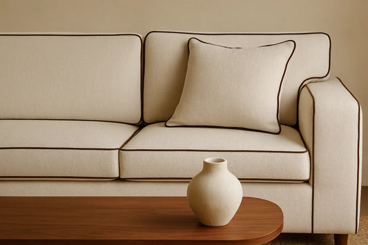 Cream sofa with dark piping detail, wooden coffee table, and ceramic vase in a softly lit neutral living room.