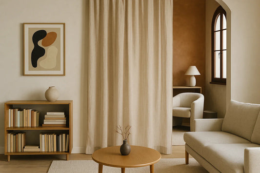 A warm minimalist living room divided by a soft beige curtain, with a sofa, armchair, bookshelf, and terracotta-toned wall.
