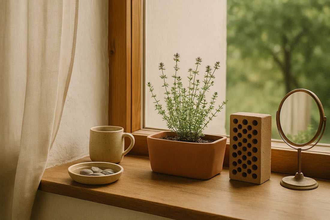 Sunlit windowsill with terracotta planter, flowering herb, ceramic mug, bee brick, and linen curtain in warm neutral tones.