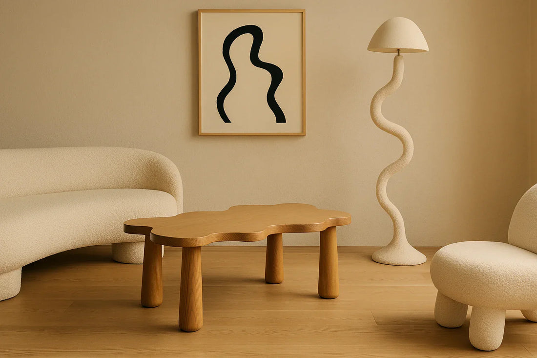 Contemporary living room with sculptural curved furniture, wavy wooden table, and serpentine floor lamp in warm neutral tones.