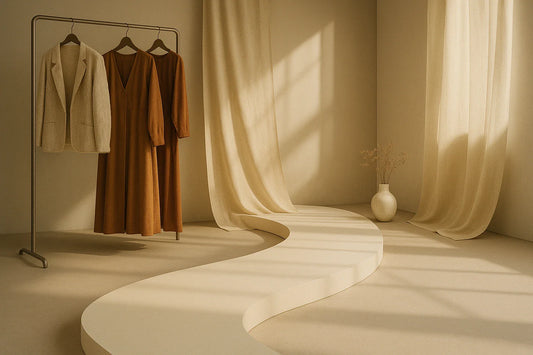 Minimalist living room styled like a runway with soft drapery, curved platform, and warm sunlight on neutral beige tones.