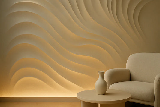 A softly glowing sculpted wall with wave-like relief behind a beige armchair and round table in a serene minimalist room.