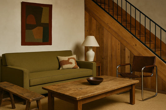 A modern living room with an olive-green sofa, rustic wood coffee table, leather chair, and reclaimed staircase wall.