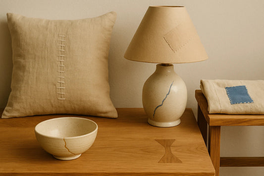 Handcrafted home vignette with a stitched linen pillow, mended ceramic lamp, and repaired bowl on a wooden table.