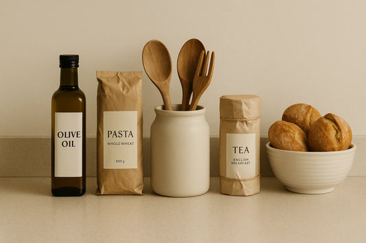 Neatly arranged kitchen countertop with olive oil, pasta, tea, wooden utensils, and bread in warm natural light.