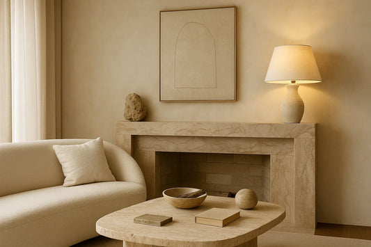 A calm neutral living room with curved cream sofa, travertine coffee table, stone fireplace, and soft warm lighting.