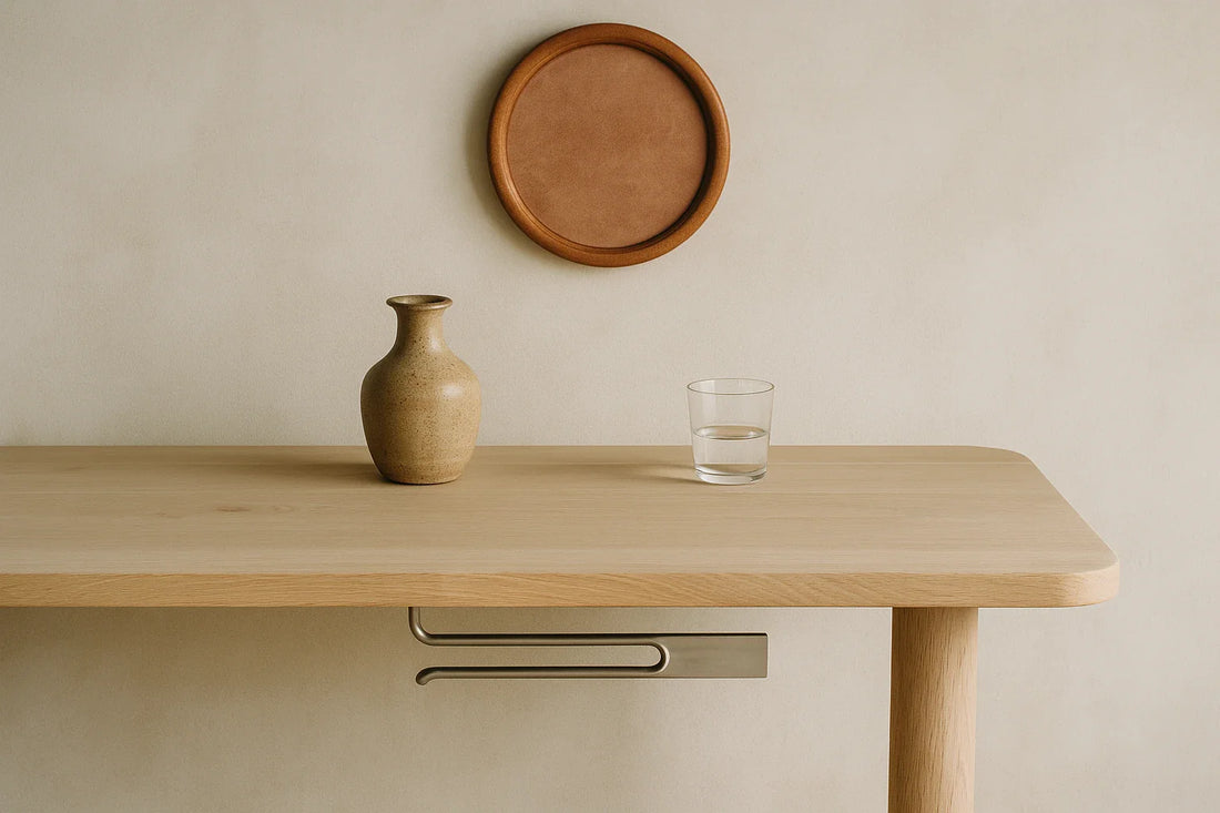 Minimalist interior with a wooden table, ceramic vase, and glass of water under soft light on a warm neutral wall.