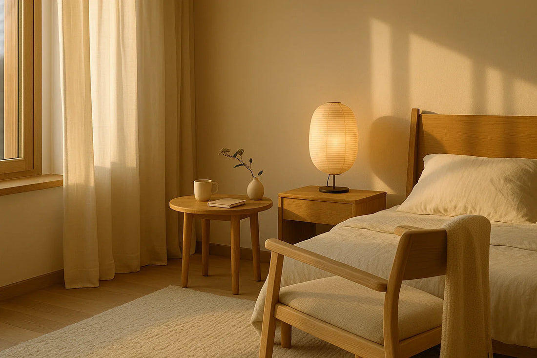 Sunlit minimalist bedroom with linen bedding, wooden furniture, and a softly glowing paper lamp creating a calm slow morning mood.