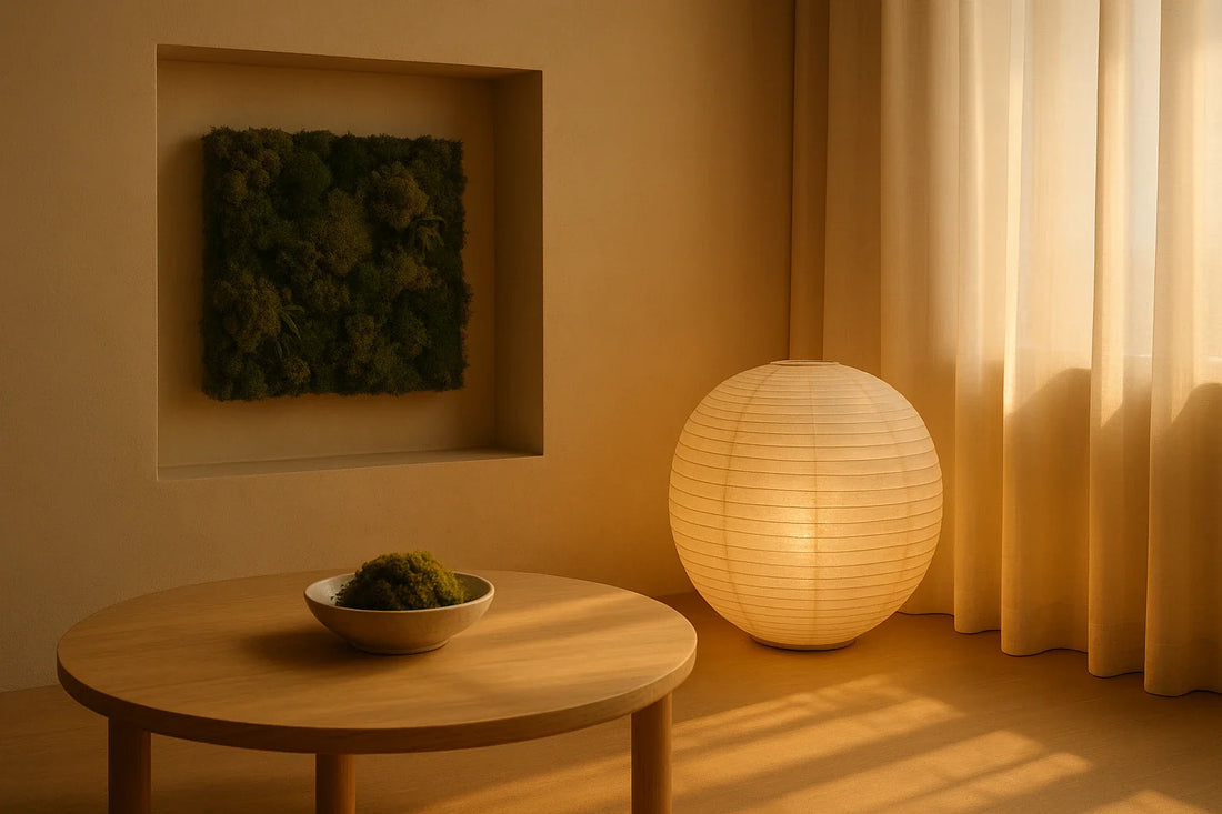 A tranquil minimalist room with a moss wall, wooden table, paper lantern, and soft sunlight through beige curtains.
