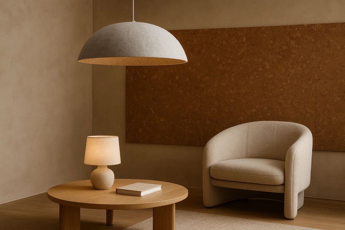 Warm, minimalist living room with felt pendant, cork wall, and beige armchair creating a soft, quiet atmosphere.