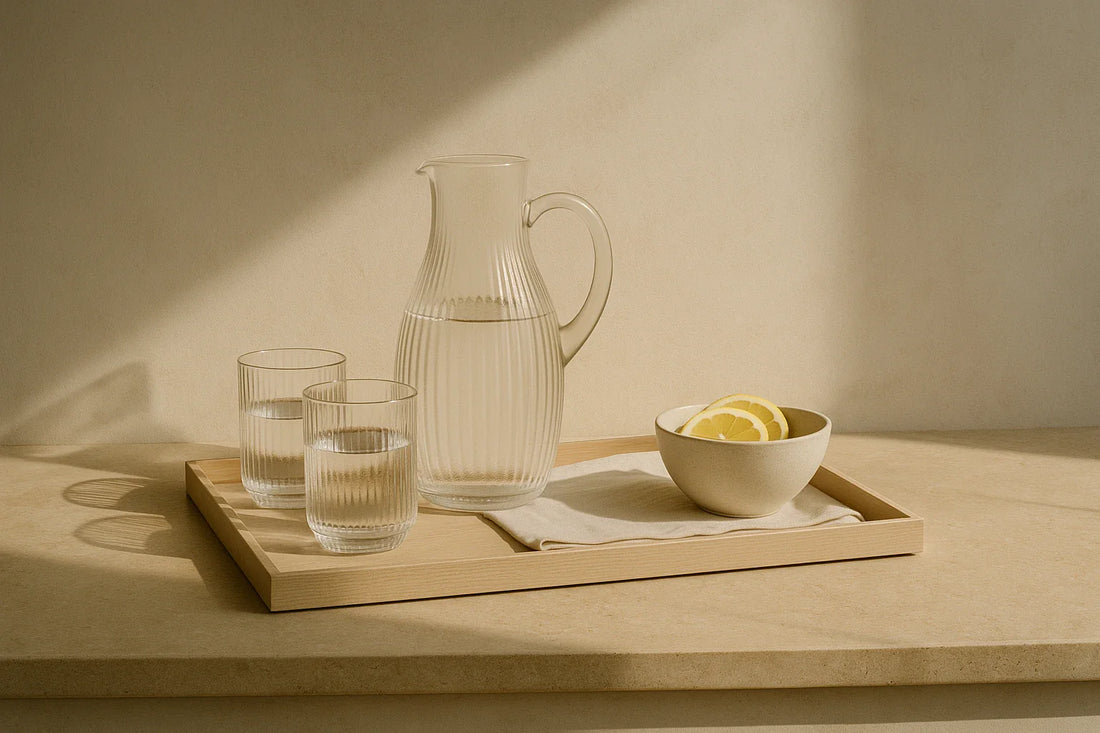 A minimalist kitchen counter with a ribbed glass carafe, two glasses of water, and a bowl of lemon slices in soft sunlight.