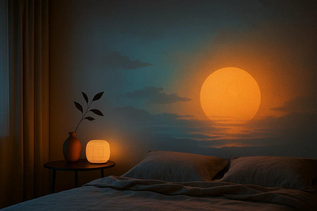 A serene bedroom bathed in amber and blue projection light, depicting a glowing sun mural on the wall beside a soft lamp and vase.